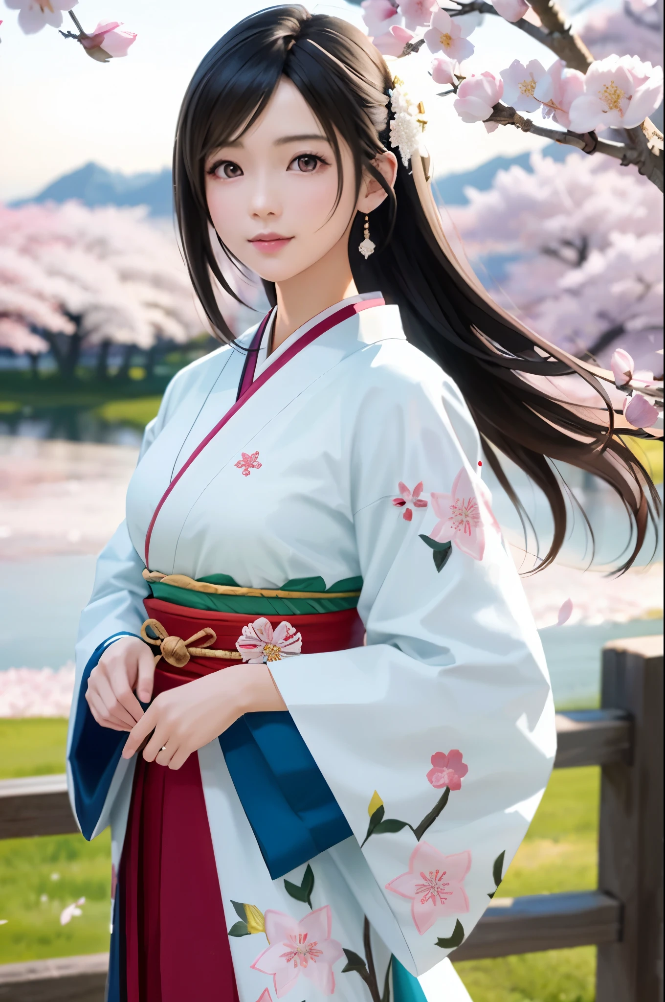 (Top Quality, Masterpiece: 1.1), (Realistic: 1.3), BREAK (((FF7,Tifa_lockhart))),Ultra-detailed face, Detailed red eyes,(black Brown Hair, Large breasts: 1.2), about 18 years old,  (White Japanese Clothing, kimono , Japanese clothes, White cherry blossom pattern, White cherry blossom embroidery pattern, A dark-haired, Beautiful face, Real Face, Beautiful detail eyes, Beautiful skin), Hair flutters in the wind, Hair jumps, Pink cherry blossom tree, Petals flutter, Sakura blizzard, Superb view, sunset, Sun in the background, the wind, Deities, tusk, myth, Vast Land, kawaii, sensual,(erotic pose:1.2),Wallpapers, ultra high res, ultra high quality, face focus:1.2, cowboy shot, {{behind view, back shot, back hair}}