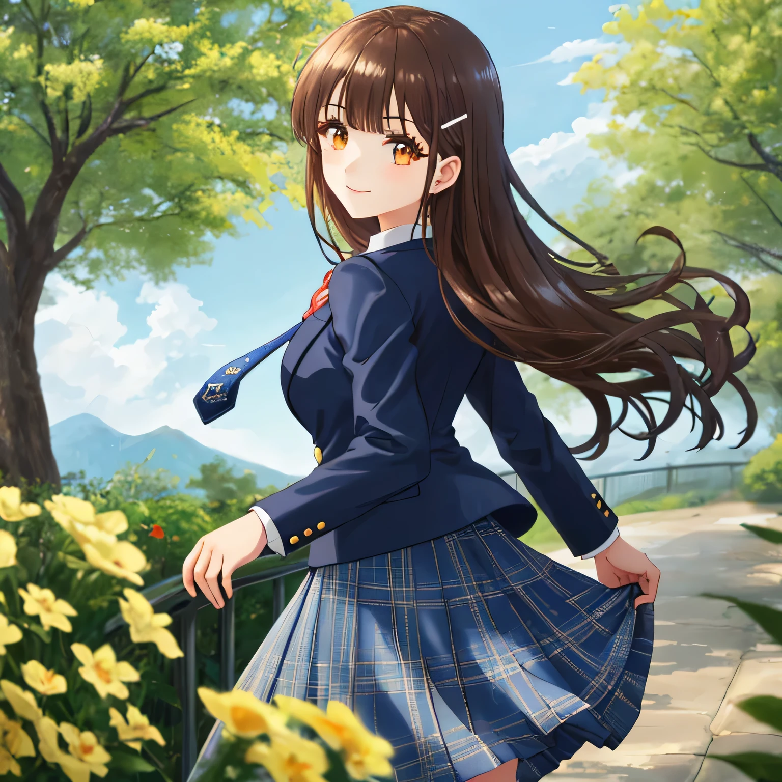 highest quality, (masterpiece:1.2), very detailed, girl looking back at viewer, Glossy lips that make you want to kiss, nice smile, brown eyes, dark brown symmetrical braids, 14 years old, height: 155cm, big shiny hair clip, school uniform, Dark blue and navy plaid skirt, middle long skirt, Luxurious navy blazer with a golden patch on the left chest, ((navy blue big shiny school ribbon tie.)), laughter、bright look、Both face and hair catch the light and shine, I&#39;I&#39;m very happy, The expression of a cute maiden in love, The long skirt fabric has a beautiful deep blue checkered pattern...., cute expression, double eyelid, ((long eyelashes and long lower eyelashes)), pure white background, The wind is blowing, Photographed from behind diagonally