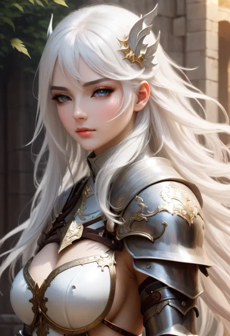 close-up of a a female knight with white hair and white mask, beautiful figure painting,  white-haired god,  epic fine character...