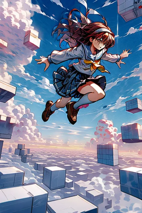 fujisaki shiori, yellow hairband, school uniform, serafuku, long sleeves, pleated skirt, ice cube, jumpsky,floating brick object...