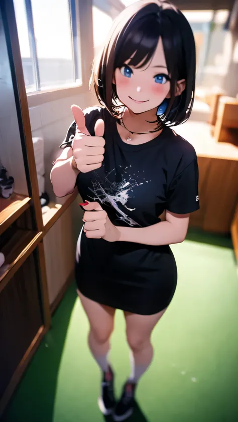 highest quality, masterpiece, woman1名, Are standing, (((alone))), whole body, good, smile, anime, film portrait photography, woman, blue eyes, black hair, short bob hair, wearing a t-shirt, anime, Moe art style, 8k,