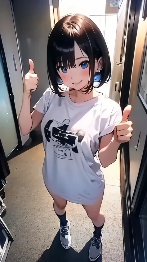 highest quality, masterpiece, woman1名, Are standing, (((alone))), whole body, good, smile, anime, film portrait photography, woman, blue eyes, black hair, short bob hair, wearing a t-shirt, anime, Moe art style, 8k,