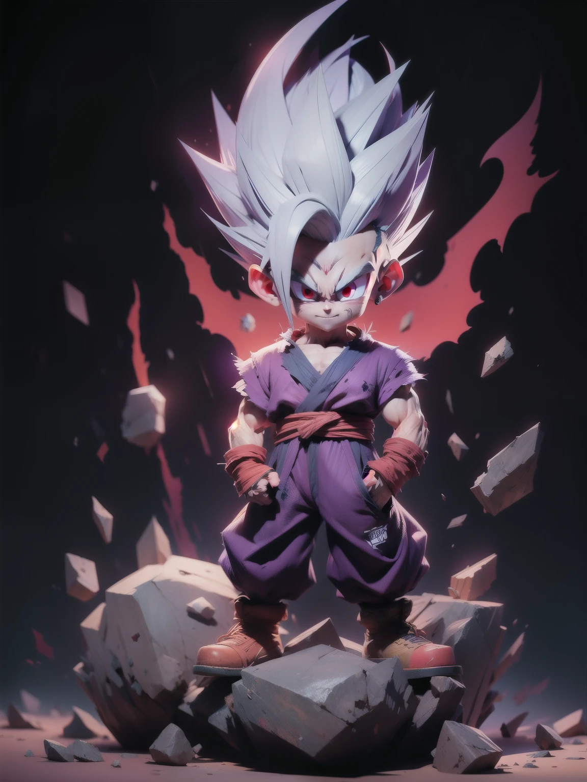 masterpiece, best quality, ultra-detailed, Adult Gohan 1boy, solo, Full body, evil smile, grey hair, spiked hair, (((red eyes))), (((perfect eyes))), (((PURPLE dougi))), full body, looking at viewer, male focus, earth \(planet\), planet, space, cracked ground and lots of rocks rising up, lots of debris going up, perfect hands . Cute, chibi, background name ((Mr.Sungit)).