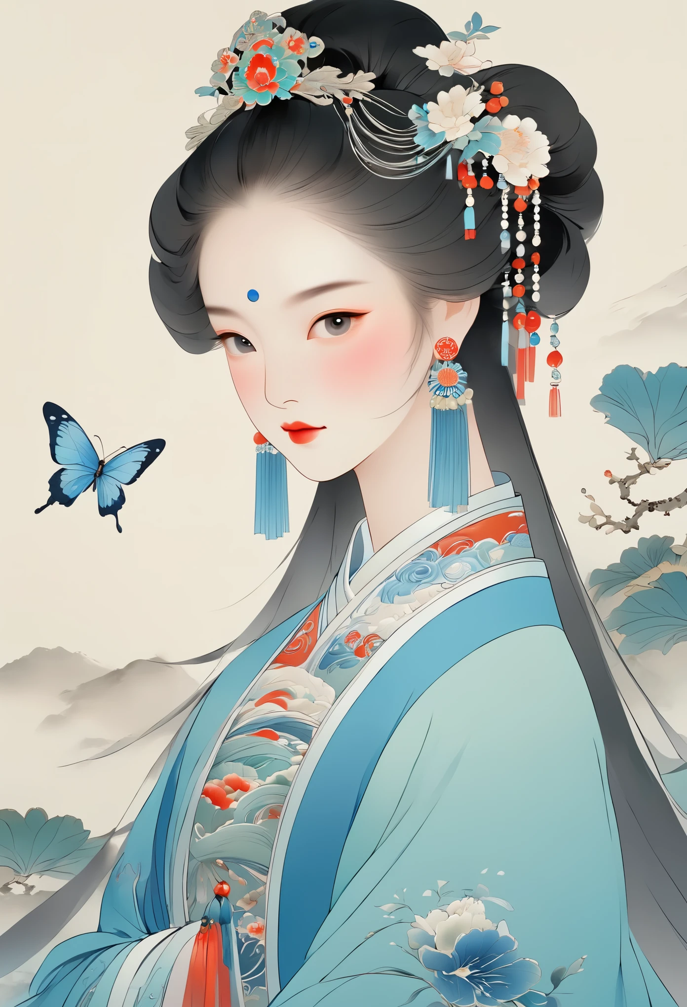 (best quality, 8k, high resolution, masterpiece: 1.2), super detailed, Chinese style，(masterpiece, best quality:1.2，lifelike：1.37), 1 girl，Peking Opera，Lines outline hair，Exquisite facial features，Detailed drawing of eyes，eyelash，long hair，Exquisite makeup，There are beautiful pearls on the head，blue华丽的汉服，simple，glowing butterfly，blue：1.37，huge peony flower：1.37，clean simple background，The picture is simple and clean，(medium shot, full-body shot: 1.5),