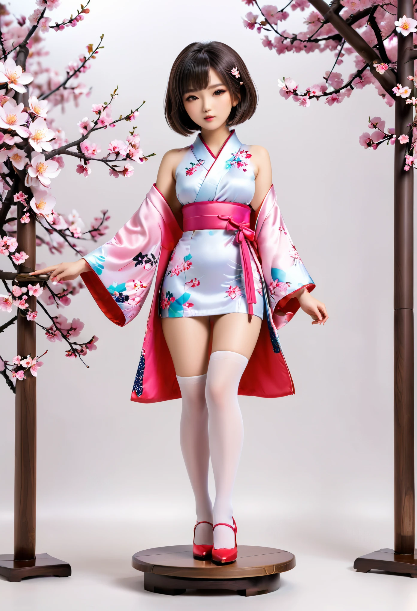 (Blind Box Spielzeug Stil:1.2),full body,white background,(1 Beautiful girl Models,shoulder length straight bob hair,big breasts,slim,kimono,Standing on a round wooden base, pink sakura,white stockings, high heels),(Oriental elements,Japanese color,Very colorful)