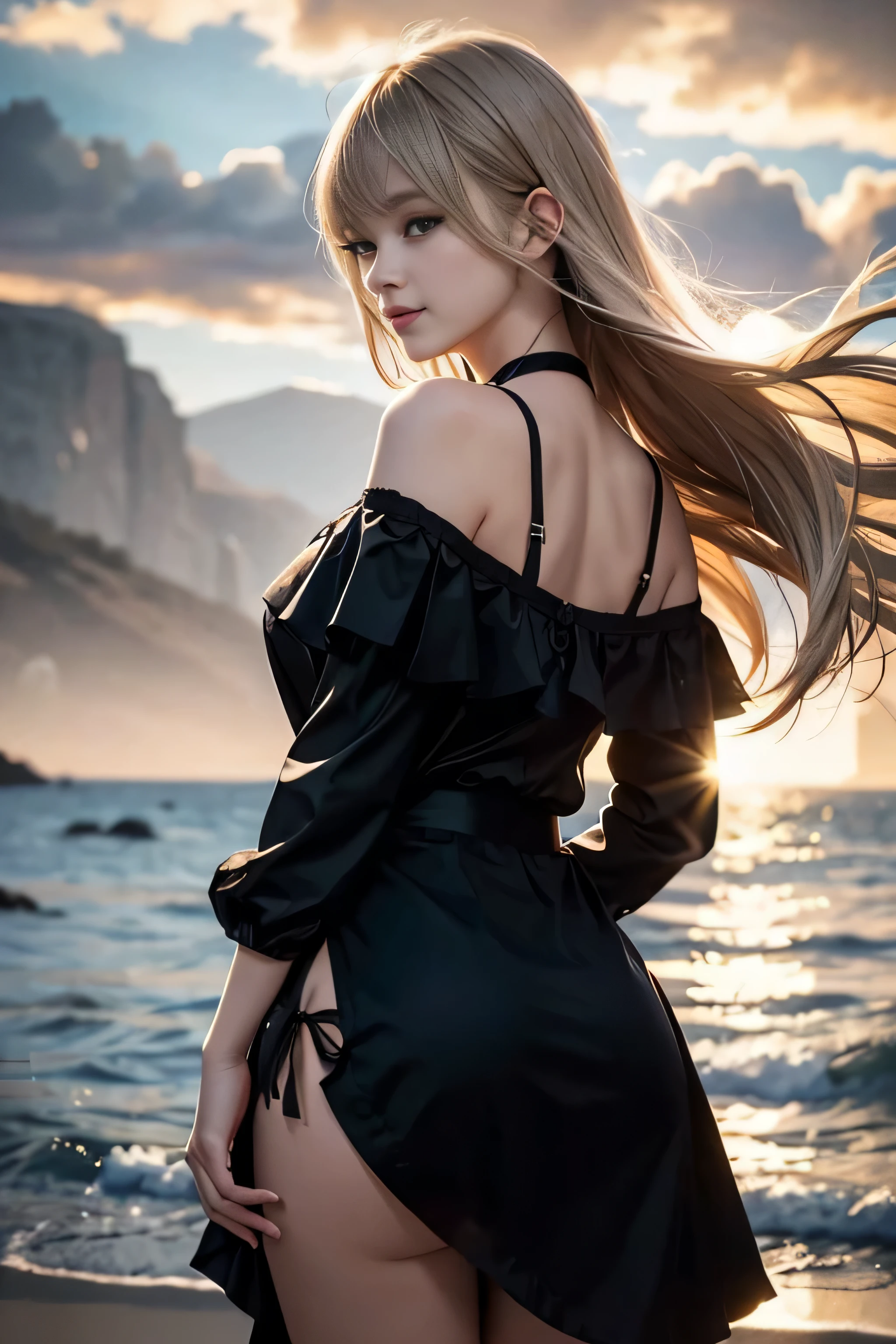 1 girl, blonde hair, gray hair, long hair, bangs, sparkling eyes, long eyelashes, eyes shine, compensate, smile, Depth of written boundary, from below, silhouette, from behind, wide shot, f/1.4, 135mm, canon, nffsw, retina, Accurate, anatomically correct, rough skin, Super detailed, advanced details, high quality, 最high quality, High resolution, 8K, (Woman walking on the beach at sunset), Backlit silhouette, (off shoulder translucent black dress), ((A silhouette of the body is visible through the light.)), (hair blowing in the wind), (my skirt flies in the wind)、White thong panties are visible