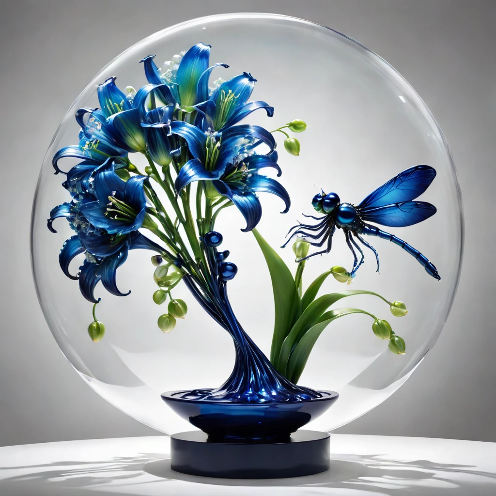 High accuracy, High quality, Masterpiece. Hyperrealism. The winner is 35 prizes. A glass sculpture evoking the style of Dale Chihuly, Captured in the essence of a Patrick Demarchelier photograph, Featuring a disproportionately large android girl, Dragonfly-like eyes, This lily of the valley neon acrylic metal frame is nestled in navy blue, Glass flowers in hand, Surreal atmosphere filled with love themes, Embrace affection, Very realistic interpretation, Accuracy of 32K, Studio setup, Ultra HD clarity, Rich in vivid colours, The precision of pen and ink, Optimal configuration