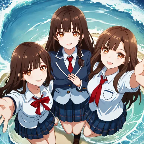 highest quality, (masterpiece:1.2), very detailed, Four smiling girls jumping out of a dark hole, Glossy lips that make you want...