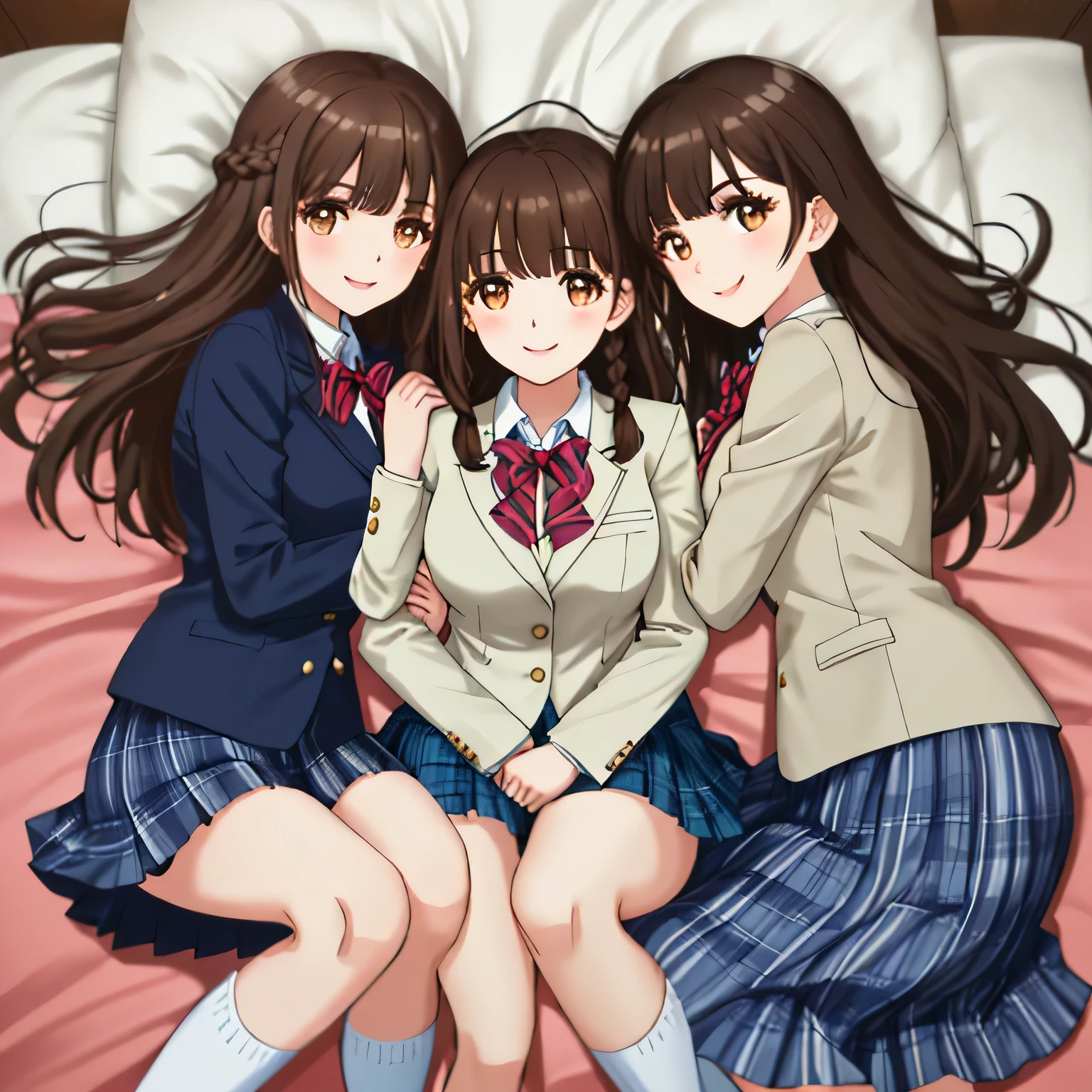 highest quality, (masterpiece:1.2), very detailed, Four girls looking at the viewer and smiling, Glossy lips that make you want to kiss, nice smile, brown eyes, (((dark brown hair))), 15 years old, Shining bob hair, school uniform, Dark blue and navy plaid skirt, middle long skirt, white shirt, Luxurious navy blazer with a golden patch on the left chest, big school ribbon tie, very shiny hair、laughter、bright look、Your face and hair shine in the light, The corners of the eyes are drooping, Cute braids, I&#39;m so happy I can jump up, The expression of a maiden in love, (((bob hair))), The long skirt fabric has a beautiful deep blue checkered pattern.., A gentle and cute expression staring at the viewer, double eyelid, ((long eyelashey lower eyelashes are also long)) ((Thighs and knees are hidden by the skirt)), ((Lying on the finest pink bed)),white socks, I can see all the way to my legs