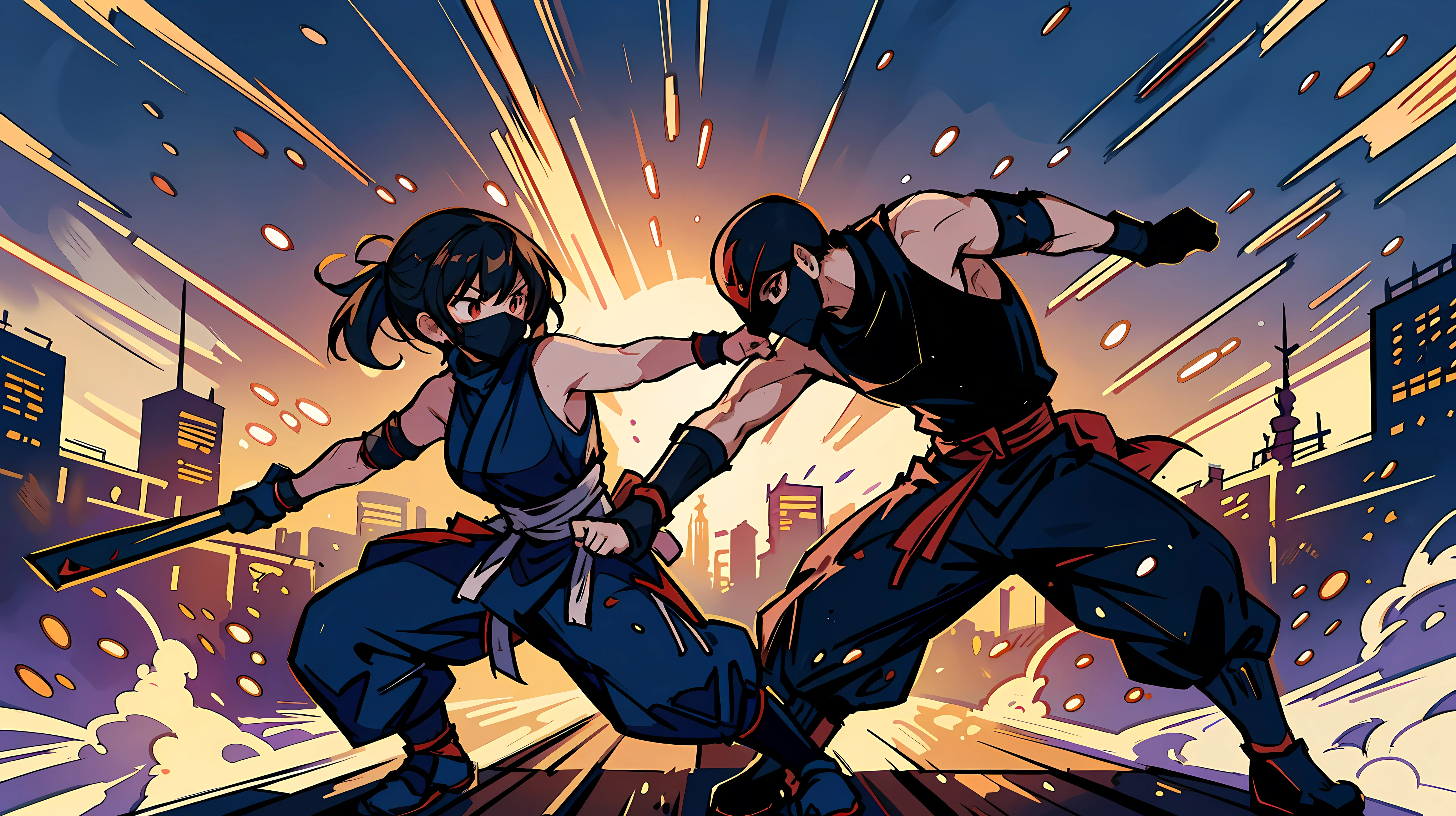 Two anime characters are fighting in a city with a city background - SeaArt  AI