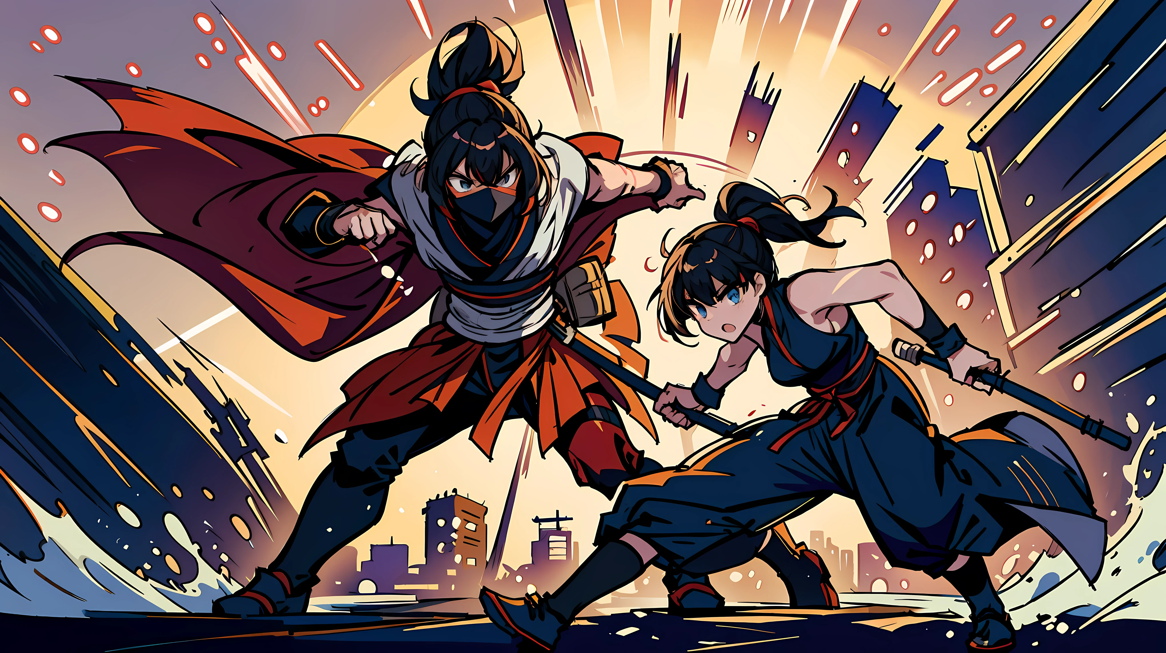 "Dynamic Anime Showdown: Female Masked Ninja Sunset Clash" | Generate an anime illustration depicting a dramatic and intense final showdown scene between two skilled female masked ninja. | Set the stage with a city skyline backdrop featuring tall, modern buildings silhouetted against a vibrant sunset sky. | Capture the atmosphere of adrenaline and suspense, emphasizing the high stakes of the battle as the ninja clash with all their skill and determination. | Ensure the image is high-resolution and of the best quality, striving to create a masterpiece that immerses viewers in the intensity of the moment. | Focus on dynamic poses and fluid motion as the ninja engage in their high-stakes battle, conveying the speed and power of their movements. | Utilize vivid colors and detailed linework to bring the urban landscape and characters to life, enhancing the visual impact of the scene. | Highlight the contrast between light and shadow in the sunset-lit skyline, adding depth and drama to the composition. | Convey the urgency and tension of the showdown through expressive facial expressions and dynamic camera angles, drawing viewers into the heart of the action. | Optimize the image for SDXL format, ensuring compatibility with digital display platforms while preserving the clarity and fidelity of the illustration. | Prioritize realism and authenticity in the portrayal of the ninja and their surroundings, creating a compelling visual narrative that captures the excitement of the moment.