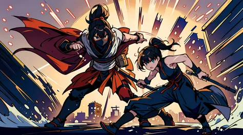 "Dynamic Anime Showdown: Female Masked Ninja Sunset Clash" | Generate an anime illustration depicting a dramatic and intense fin...