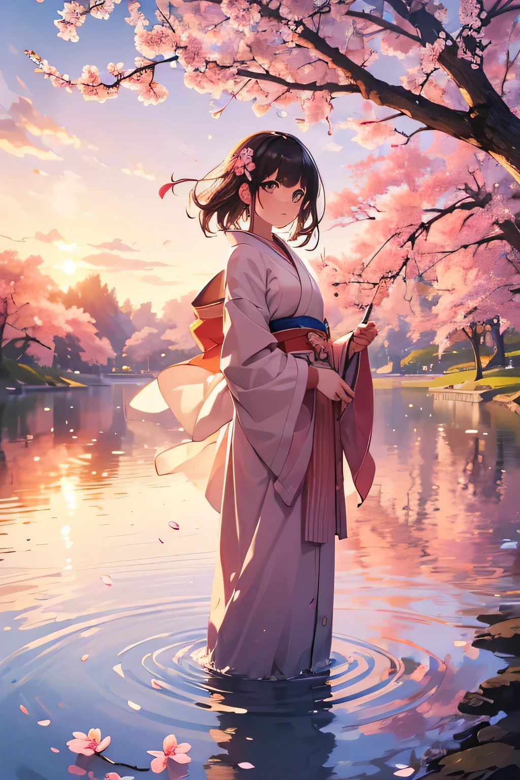 (best quality,4k,8k,high resolution,masterpiece:1.2),Super detailed,actual:1.37,Girl standing by the lake, cherry blossoms in bloom, Sunset,illustration,actual colors,soft light,Sakura petals,floating Sakura petals,peaceful atmosphere,fine details,calm mood