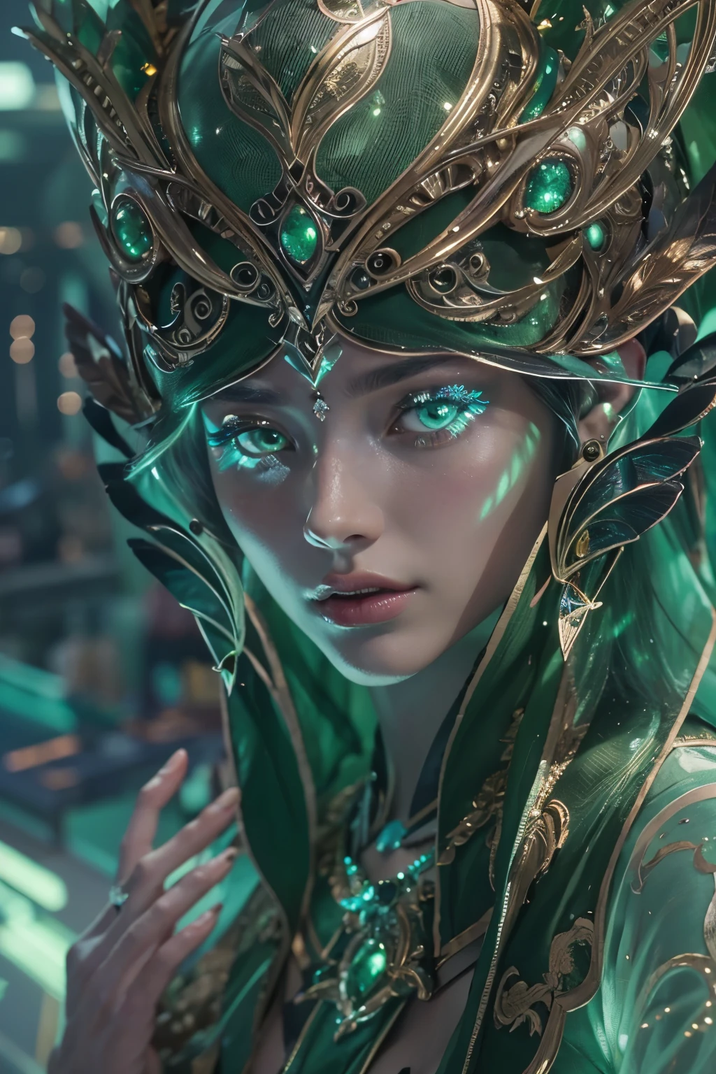 (best quality,4k,8k,highres,masterpiece:1.2),ultra-detailed,(photorealistic,photo-realistic:1.37), A female mutant with compound eyes that look like the eyes of a praying mantis,futuristic,hi-tech,natural-looking skin,emerald-green compound eyes,exquisite,detailed face features,piercing eyes,long eyelashes and sharp angles,sculptural facial structure,innovative fashion style,metallic,shimmering make-up,glowing eyeliner,ornate futuristic jewelry,elaborate headpiece,feathers and metallic elements,ethereal background with floating holographic particles,controlled lighting with soft highlights,bluish-green color scheme,otherworldly atmosphere.