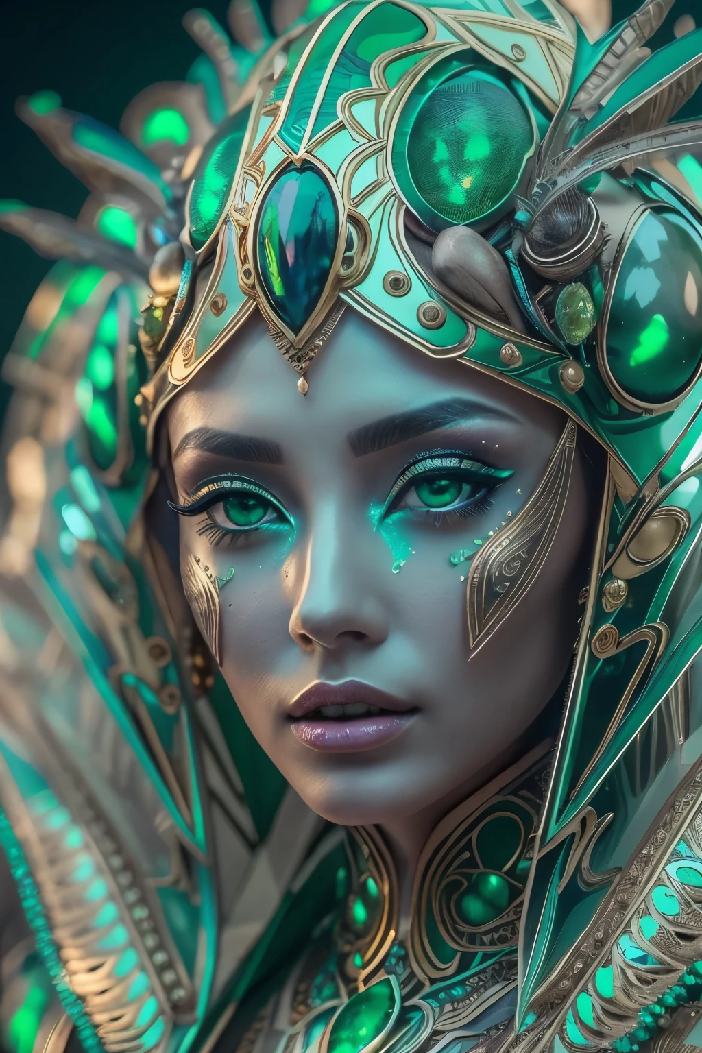 (best quality,4k,8k,highres,masterpiece:1.2),ultra-detailed,(photorealistic,photo-realistic:1.37), A female alien with compound eyes that look like the eyes of a praying mantis,futuristic,hi-tech,natural-looking skin,emerald-green compound eyes,exquisite,detailed face features,piercing eyes,long eyelashes and sharp angles,sculptural facial structure,innovative fashion style,metallic,shimmering make-up,glowing eyeliner,ornate futuristic jewelry,elaborate headpiece,feathers and metallic elements,ethereal background with floating holographic particles,controlled lighting with soft highlights,bluish-green color scheme,otherworldly atmosphere.