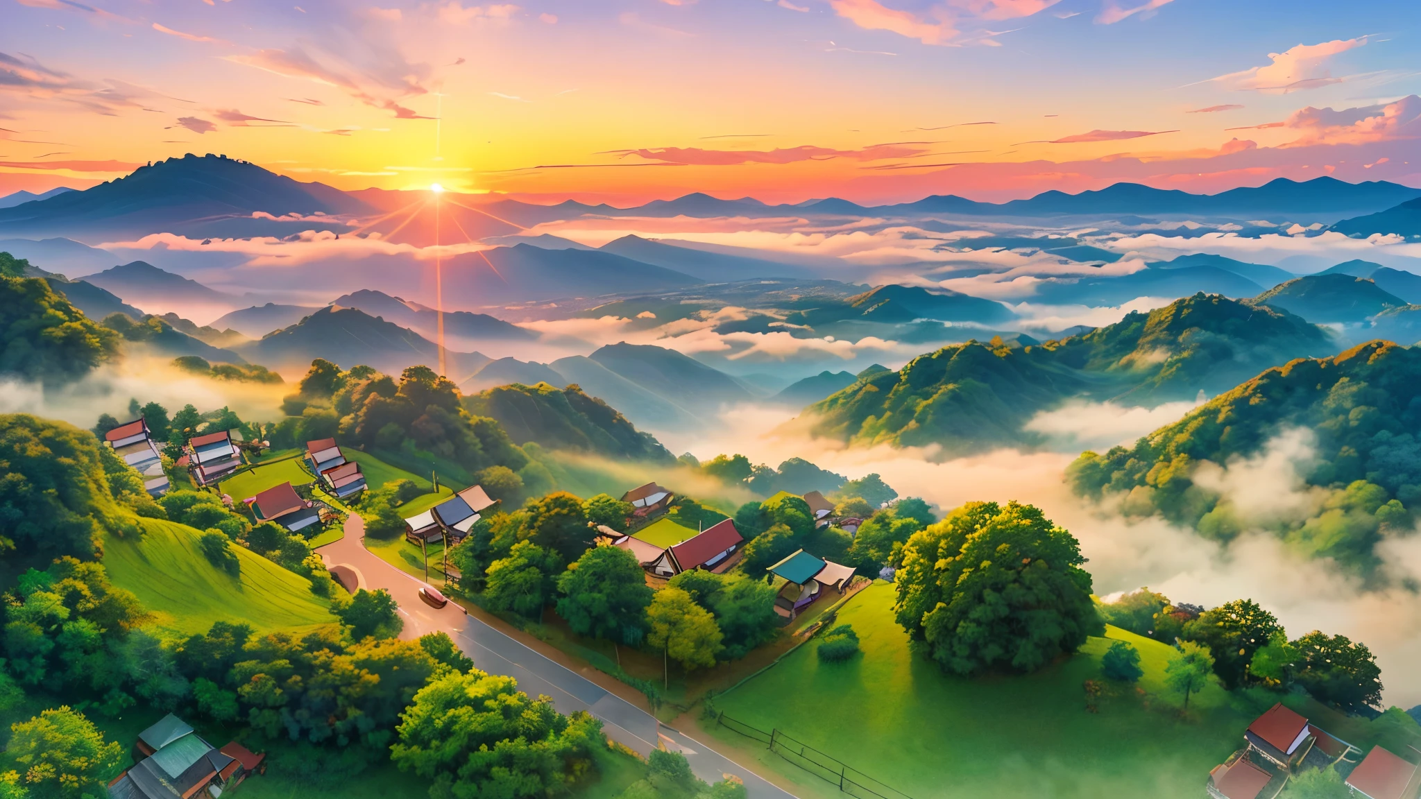 An anime-style panoramic drone shot captures the serene beauty of Chiang Rai's lush green mountains, enveloped in a gentle sea of mist at dawn.
Strawberry fields add vibrant patches of red to the landscape, contrasting with the verdant hues.
Above, the sky is a clear, brilliant blue, with the rising sun casting a soft, golden light that illuminates the scene with a dreamy glow.