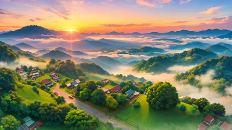 An anime-style panoramic drone shot captures the serene beauty of Chiang Rai's lush green mountains, enveloped in a gentle sea o...