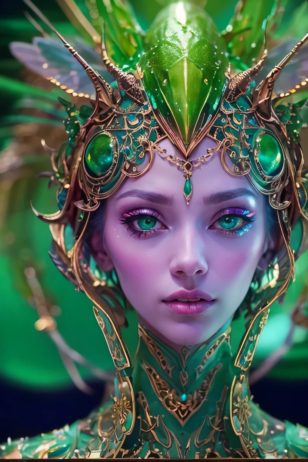 (best quality,4k,8k,highres,masterpiece:1.2),ultra-detailed,(photorealistic,photo-realistic:1.37), A female alien with compound eyes that look like the eyes of a praying mantis,futuristic,hi-tech,natural-looking skin,emerald-green compound eyes,exquisite,detailed face features,piercing eyes,long eyelashes and sharp angles,sculptural facial structure,innovative fashion style,metallic,shimmering make-up,glowing eyeliner,ornate futuristic jewelry,elaborate headpiece,feathers and metallic elements,ethereal background with floating holographic particles,controlled lighting with soft highlights,bluish-green color scheme,otherworldly atmosphere.