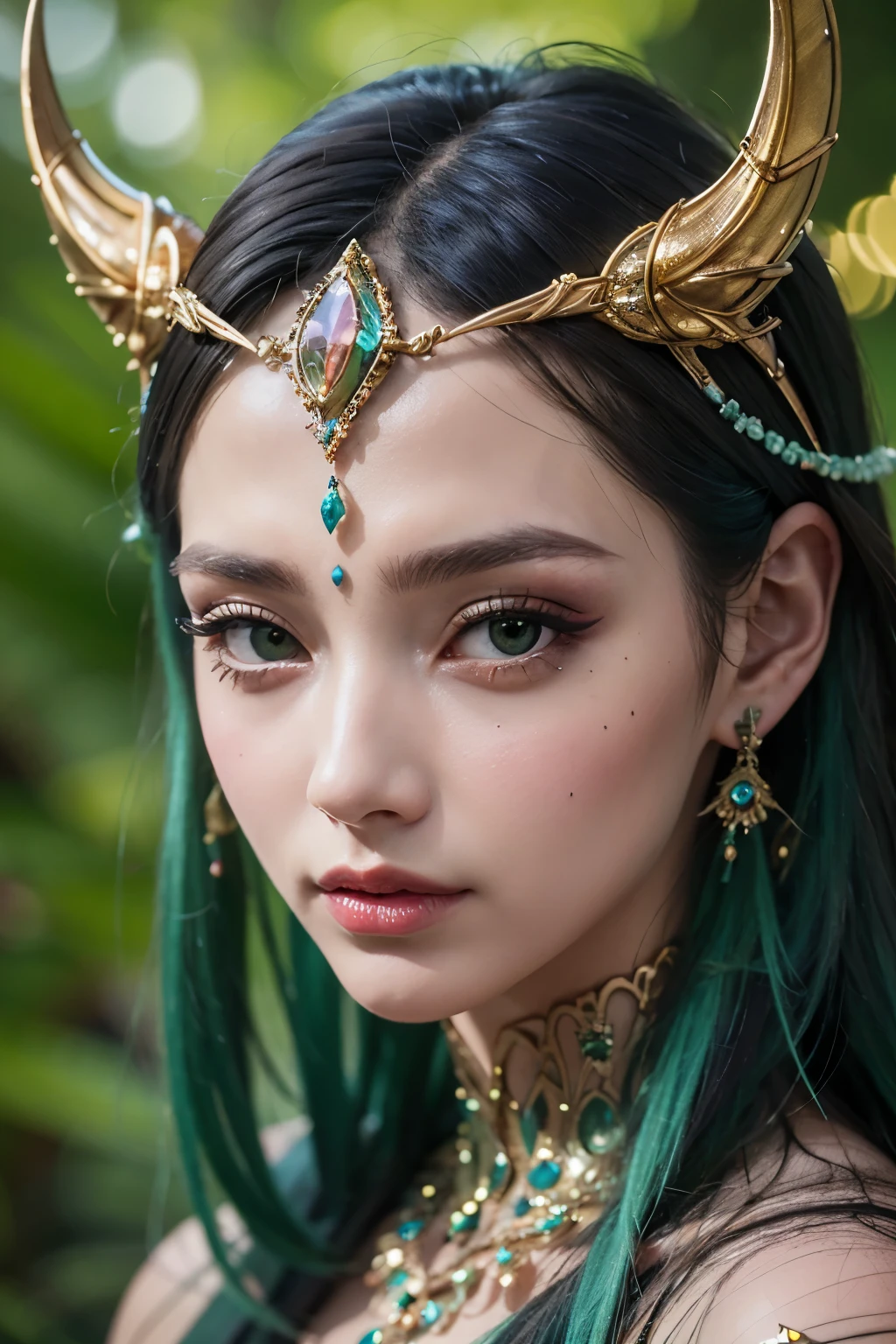(best quality,4k,8k,highres,masterpiece:1.2),ultra-detailed,(photorealistic,photo-realistic:1.37),A woman with compound eyes that look like the eyes of a praying mantis,futuristic,hi-tech,natural-looking skin,emerald-green compound eyes,exquisite,detailed face features,piercing eyes,long eyelashes and sharp angles,sculptural facial structure,innovative fashion style,metallic,shimmering make-up,glowing eyeliner,ornate futuristic jewelry,elaborate headpiece,feathers and metallic elements,ethereal background with floating holographic particles,controlled lighting with soft highlights,bluish-green color scheme,otherworldly atmosphere.