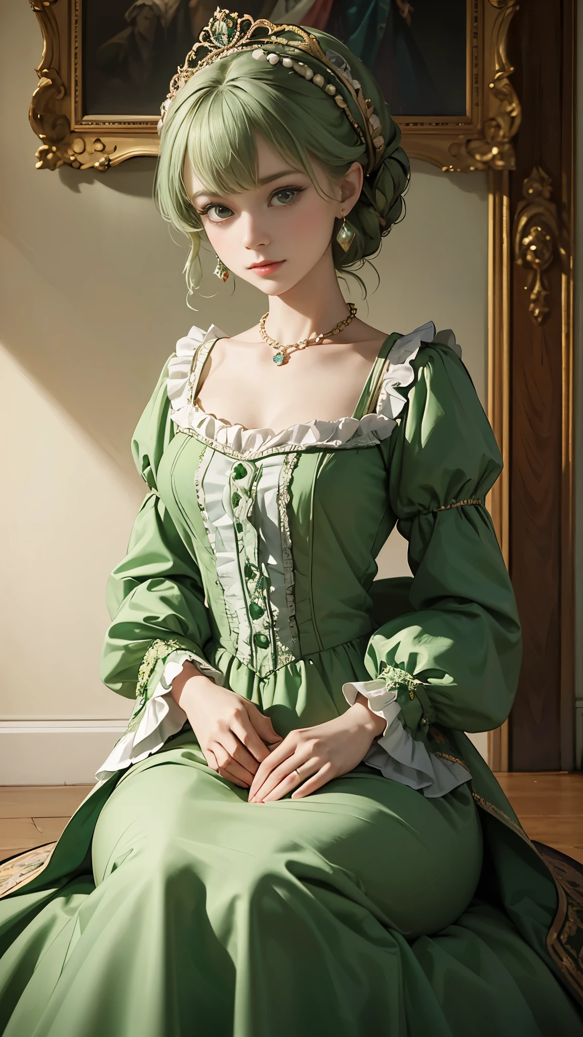 a woman in a green dress sitting on a set of stairs, a portrait by Nina Petrovna Valetova, flickr, rococo, dress in the style of rococo, historical baroque dress, rococo queen, 1 7 th century duchess, aristocratic clothing, # rococo, georgian dress amazing fabric, marie antoinette, rococo dress