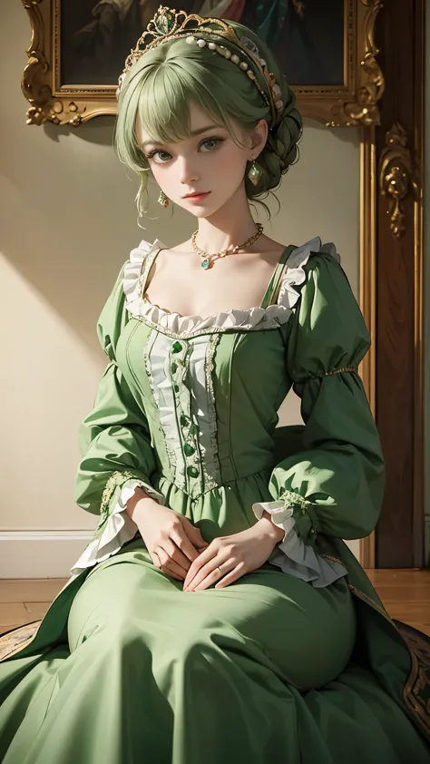 a woman in a green dress sitting on a set of stairs, a portrait by Nina Petrovna Valetova, flickr, rococo, dress in the style of...