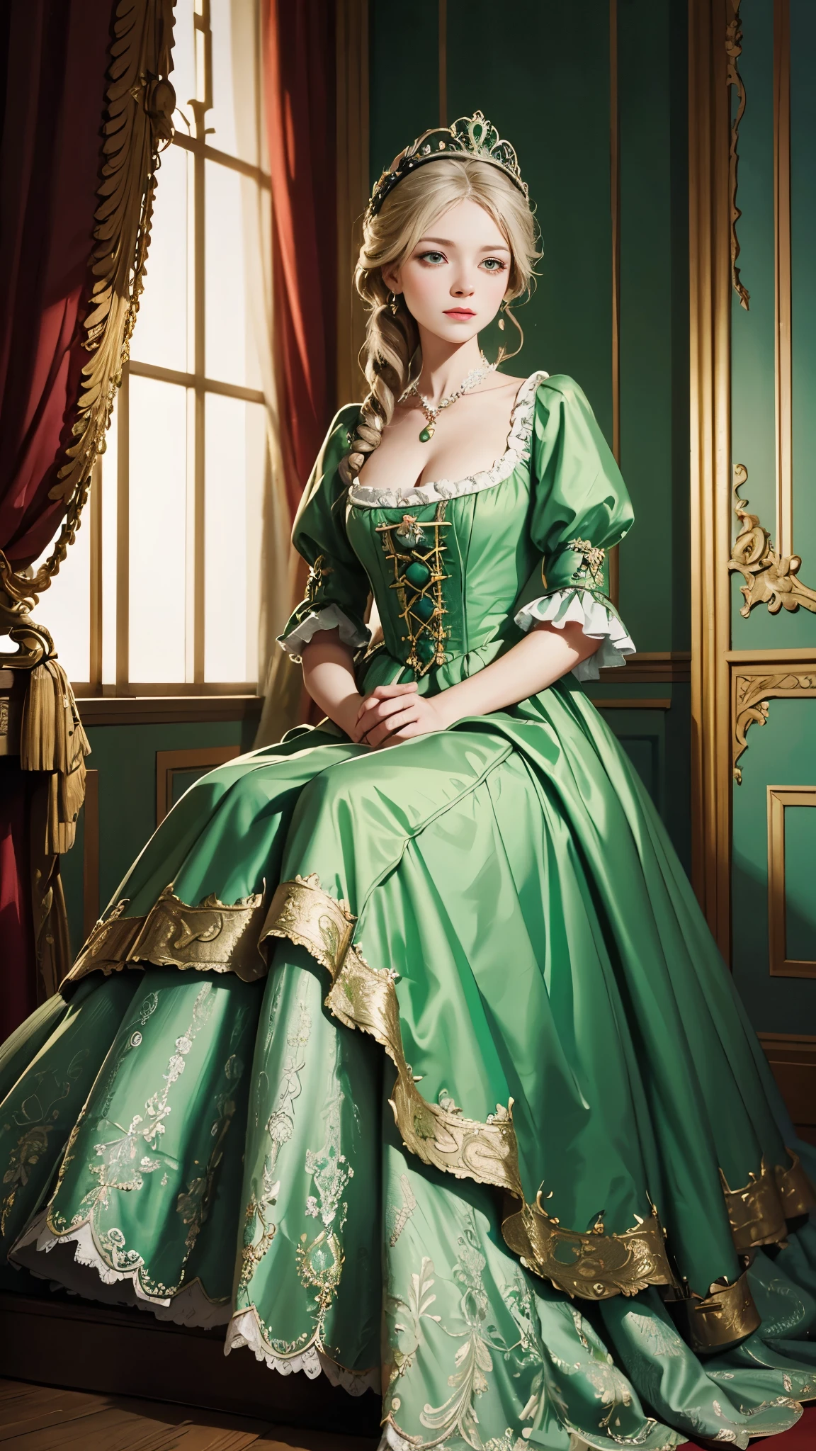 녹색 드레스를 입은 여자가 계단에 앉아 있다, 니나 페트로브나 발레토바의 초상화, 플리커, 로코코, dress in the style of 로코코, 역사적인 바로크 드레스, 로코코 queen, 1 7세기 공작부인, 귀족 의류, # 로코코, 그루지야 드레스 놀라운 직물, 마리 앙투아네트, 로코코 dress