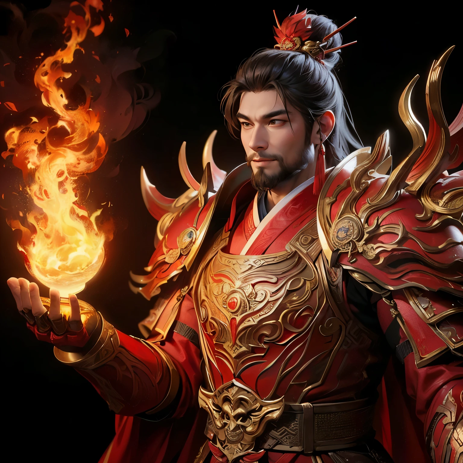 (Chinese warlord without a beard:1.2), (Dancing flames:1.2), (Slender young beautiful Chinese man:1.2), (beardless Chinese warlord in bright red armor:1.2), (Fearless smile:1.0), (Flames clinging to his body like a whirlpool:1.2),
(Swinging his right hand high above his head and his left hand straight down:1.2), (The flame shines brightly in the darkness:1.2), (Well-proportioned, beautiful body:1.0),