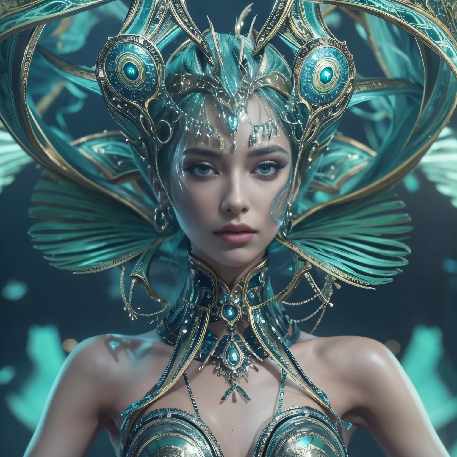 (best quality,4k,8k,highres,masterpiece:1.2),ultra-detailed,(photorealistic,photo-realistic:1.37), (A beautiful female phantom with compound eyes that look like the eyes of a praying mantis:1.0), futuristic, hi-tech, natural-looking skin, emerald-green compound eyes, exquisite, detailed face features, piercing eyes, long eyelashes and sharp angles, sculptural facial structure, innovative fashion style, metallic, shimmering make-up, glowing eyeliner, ornate futuristic jewelry, elaborate headpiece, feathers and metallic elements, ethereal background with floating holographic particles, controlled lighting with soft highlights, bluish-green color scheme, otherworldly atmosphere. (NSFW:1.1), (toned body, small breast:1.1)