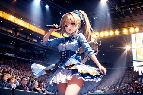 (((masterpiece))), (((best quality))), ((ultra-detail)), perfect face, vivid colors, 1girl, Kei Karuizawa, Blonde, ponytail, blue eyes, idol outfits, on stage, holding microphone, smile, open mouth, long shot view 