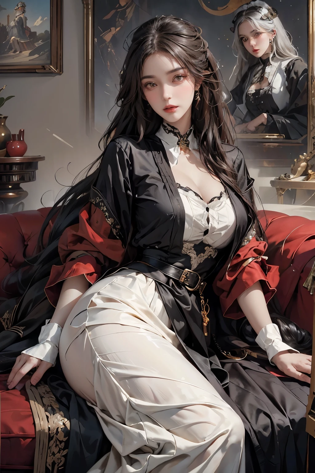An anthropomorphic Afghan hound with big, happy eyes and a seductive look adorns this steampunk-inspired illustration. Dressed in a Victorian-era outfit, she oozes femininity and allure, accentuated by her full, flowing red skirt and intricately detailed red belt. Her large, expressive eyes gleam with mischief as she flirts shamelessly, her long ears perked up in anticipation.

This captivating image, reminiscent of the masterful work of Ian McQue, is rendered in exquisite detail in the style of an oil painting. Every curve and contour of her voluptuous figure is delicately