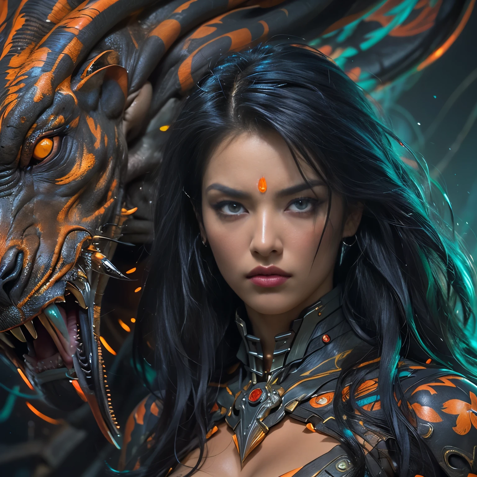 A female alien predator, of exquisite beauty beyond comparison, her intense gaze fixed on her prey with a hunter's focus, her long dark claws poised to strike. Her lean, muscular body was a sight to behold, every inch of her hyper-detailed figure exuding energy and raw power. Her shining sky blue orange eyes, the most beautiful in the universe, framed by thick eyebrows, shimmered with an otherworldly allure. Her jet black hair, symmetrically arranged, glistened under the rich colorful lights that illuminated her surroundings. Her eyes, highly detailed and full of life, held a seductive, alluring gaze that was both entrancing and intimid