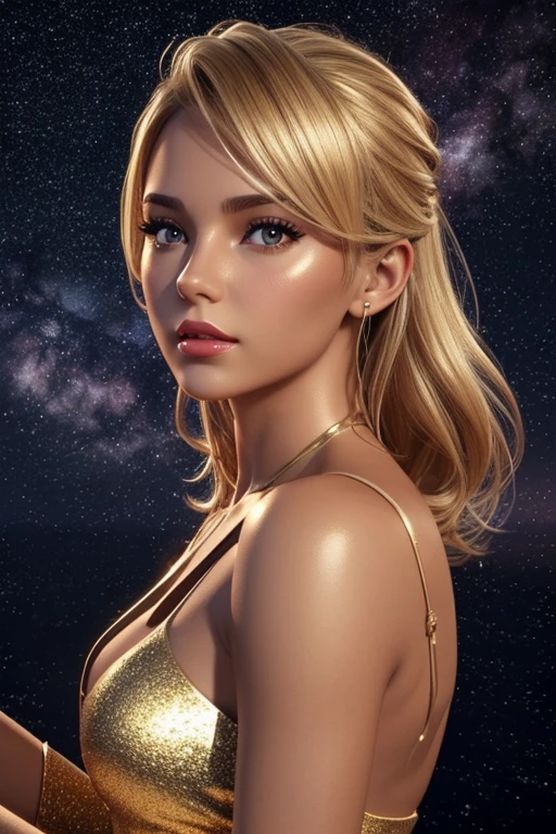 3D render 3D drawing sketch art, sketch fab, pastels, background dark starry sky, draw a tanned blonde woman, en 3D, face lit by golden stars, thin red lips, prenant une douche. 