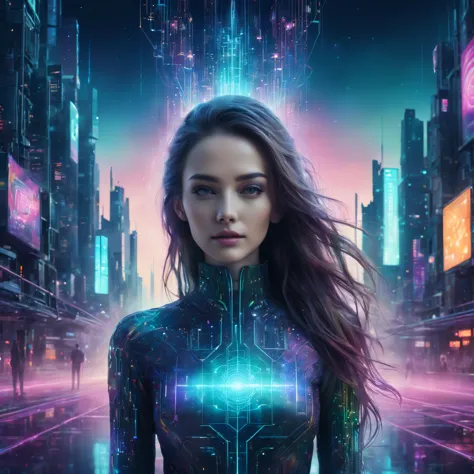 Full height frontal body shot of a woman with a neural network connected to a city of the future, neon multi colours, matrix sty...