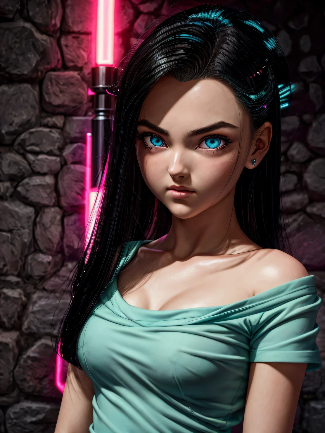 An exquisite masterpiece of top quality and high resolution featuring Marnie. Big sleepy eyes, Aqua eyes、Glowing under the dim light. black short hair, only head and shoulders, magazine style, pink top, russian girl, hyperrealistic. Android 17
