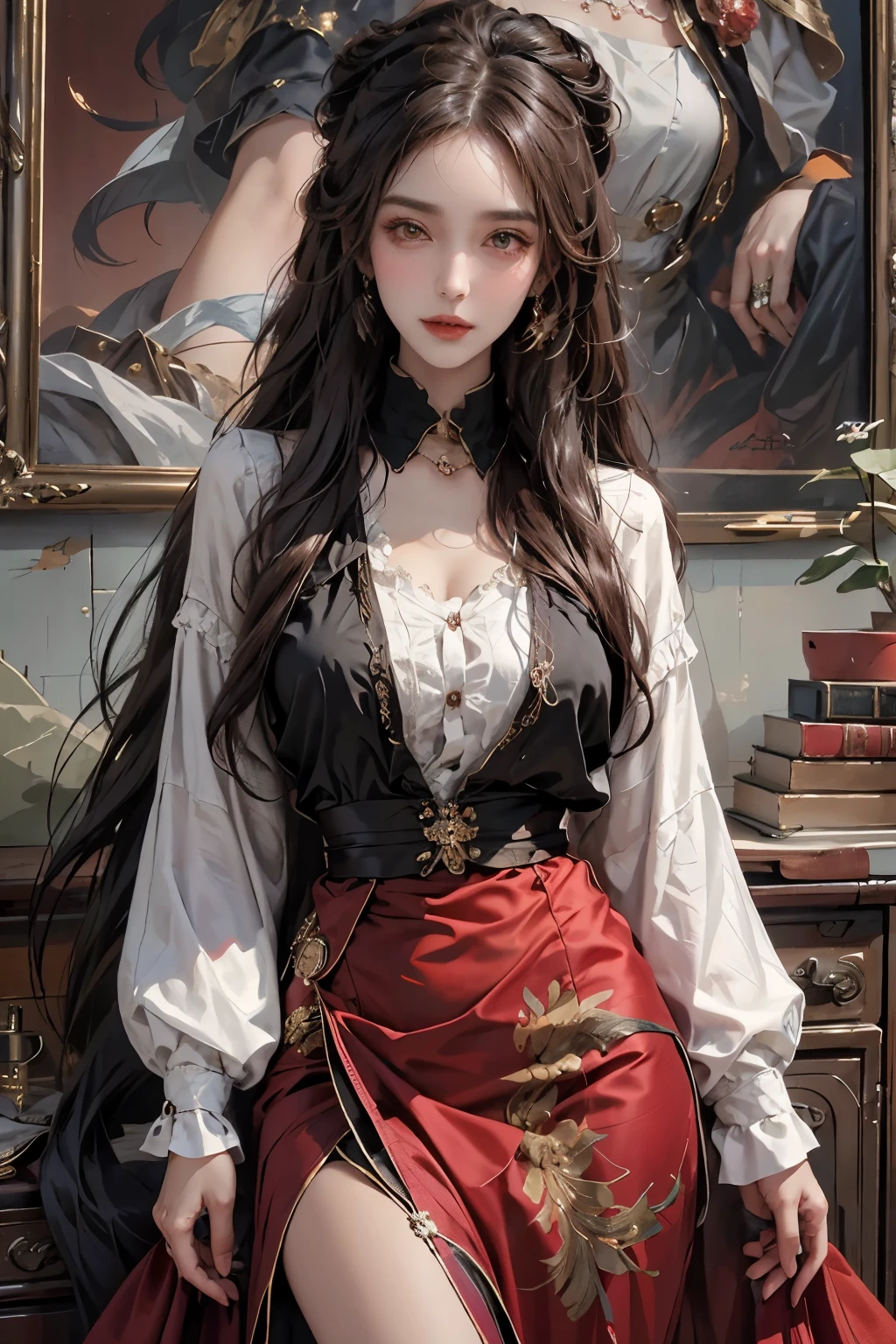 An anthropomorphic Afghan hound with big, happy eyes and a seductive look, clad in Victorian-era attire, flirts with an unseen viewer. Her full body is elegantly painted in the style of Ian McQue, showcasing intricate details and bold red accents. The hound's red belt, adorned with intricate designs, cinches her waist, while her long ears droop playfully. Her smile is as captivating as the rich, textured background filled with steampunk machinery and red hues, creating an alluring and mesmerizing scene. This masterpiece is a high-resolution, ultra-detailed oil painting, capturing the charm