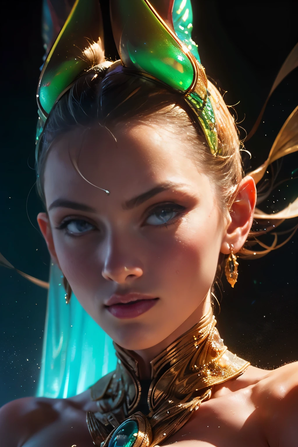 (best quality,4k,8k,highres,masterpiece:1.2),ultra-detailed,(photorealistic,photo-realistic:1.37), (A beautiful female phantom with compound eyes that look like the eyes of a praying mantis:1.5), futuristic, hi-tech, natural-looking skin, emerald-green compound eyes, exquisite, detailed face features, (piercing eyes, long eyelashes and sharp angles:1.3), sculptural facial structure, innovative fashion style, metallic, shimmering make-up, glowing eyeliner, ornate futuristic jewelry, elaborate headpiece, feathers and metallic elements, ethereal background with floating holographic particles, controlled lighting with soft highlights, bluish-green color scheme, otherworldly atmosphere. (NSFW:1.2)