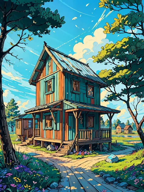 (masterpiece:1), (wide view:1.7), (blue wooden hut stands amidst nature's embrace:1.6), (beautiful color palette:1.3), silence, ...