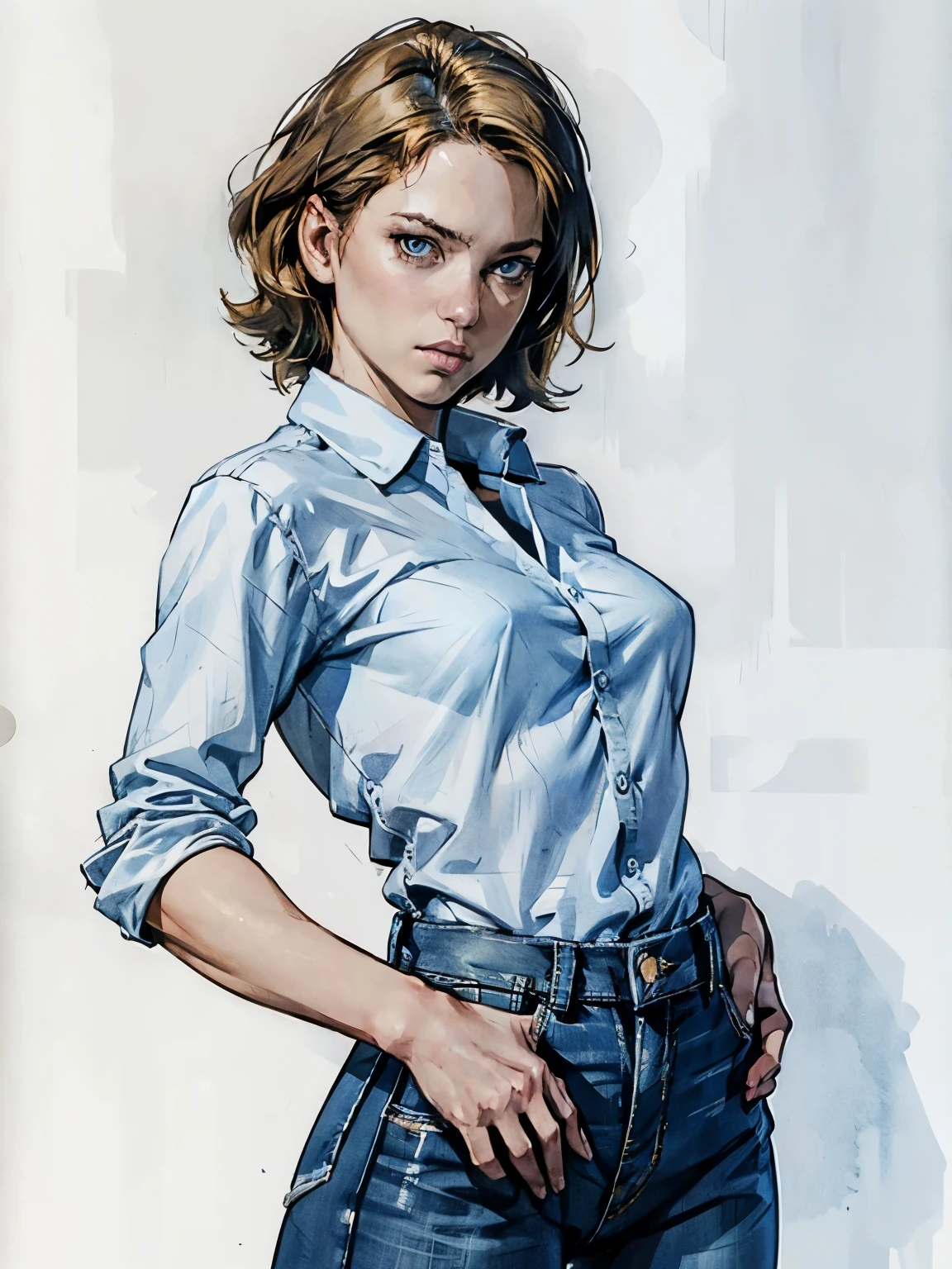 masterpiece, best quality, high resolution, draw, comic, hyper realism, lea1452, (alone:1.2), short hair, blond hair, slim body, small breasts, ((wearing blue jeans and white shirt)), very soft light, black night, concept art, horror, dark, very dark, art by Yoji Shinkawa, ink and watercolor, ((concept-art)), ((white background))