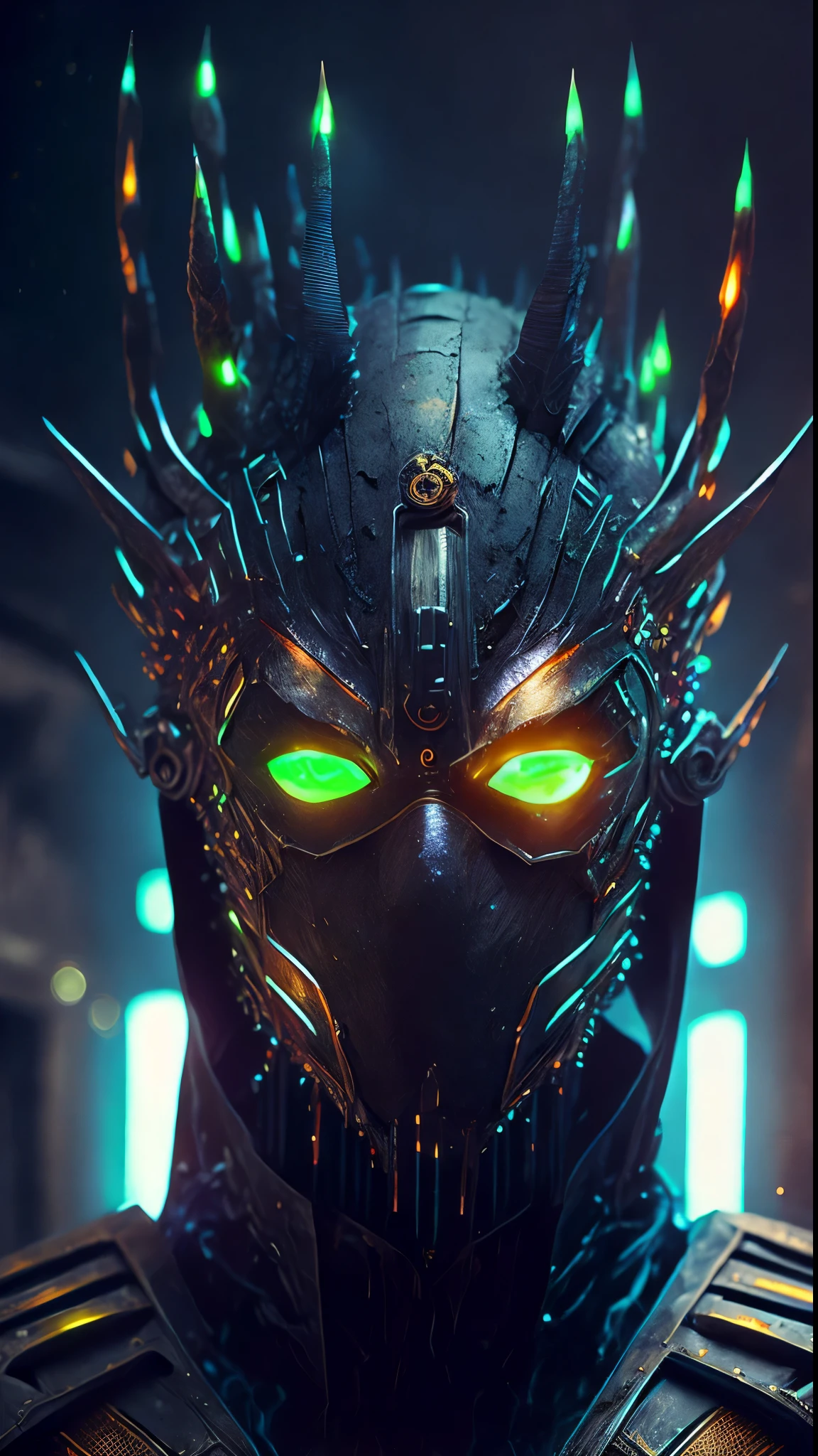 breathtaking cinematic science fiction photo of a portrait of a blackedout non-human masked Dark figure, ghost skin, body full of spikes and glowing metrics inside, glowing multicoloured eyes, multifaceted eyes, metallic arms, inside a destroyed building, extremely menacing creature, highly detailed, award-winning