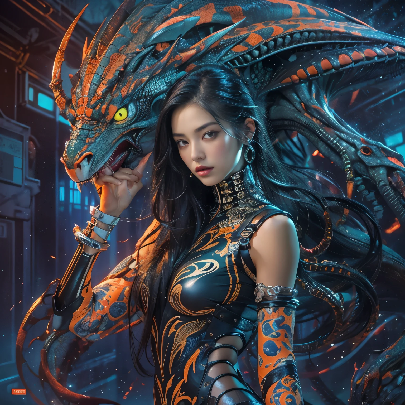 A female alien predator, of exquisite beauty beyond comparison, her intense gaze fixed on her prey with a hunter's focus, her long dark claws poised to strike. Her lean, muscular body was a sight to behold, every inch of her hyper-detailed figure exuding energy and raw power. Her shining sky blue orange eyes, the most beautiful in the universe, framed by thick eyebrows, shimmered with an otherworldly allure. Her jet black hair, symmetrically arranged, glistened under the rich colorful lights that illuminated her surroundings. Her eyes, highly detailed and full of life, held a seductive, alluring gaze that was both entrancing and intimid