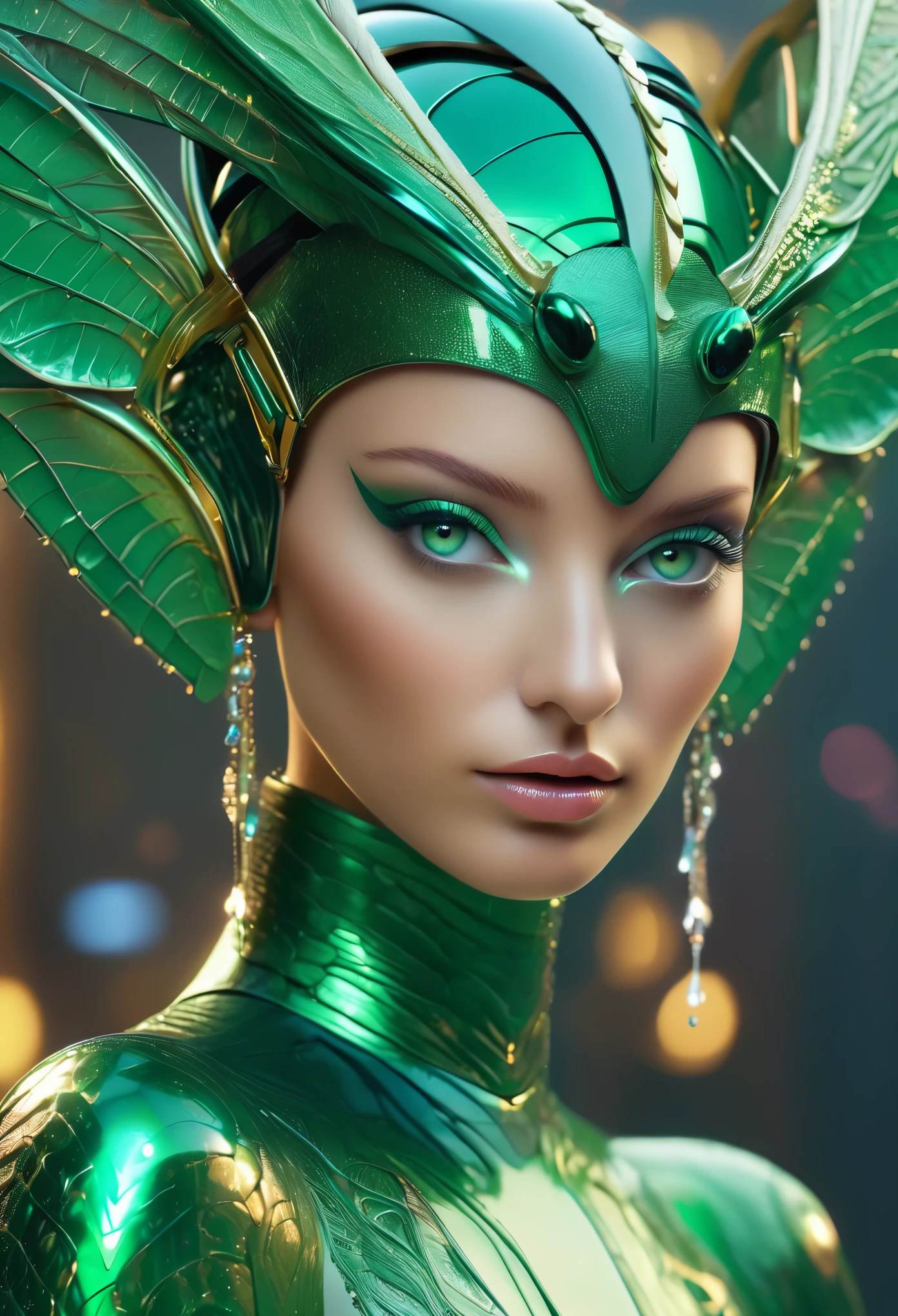 (best quality,4k,8k,highres,masterpiece:1.2),ultra-detailed,(photorealistic,photo-realistic:1.37),A beautiful female with compound eyes that look like the eyes of a praying mantis,futuristic,hi-tech, super detailed natural-looking pale skin, emerald-green compound eyes, exquisite,detailed face features,piercing eyes,long eyelashes and sharp angles,sculptural facial structure,innovative fashion style,metallic,shimmering make-up,glowing eyeliner,ornate futuristic jewelry,elaborate headpiece,feathers and metallic elements,ethereal background with floating holographic particles,controlled lighting with soft highlights,bluish-green color scheme,otherworldly atmosphere.