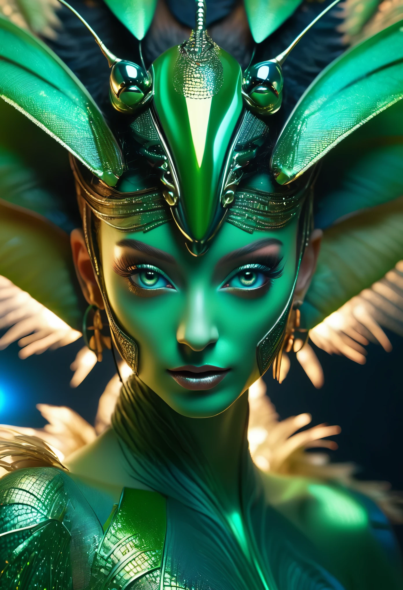 (mejor calidad,4k,8K,alta resolución,obra maestra:1.2),ultra detallado,(Fotorrealista,fotorrealista:1.37),Una hermosa hembra con ojos compuestos que parecen los ojos de una mantis religiosa.,futuristic,de alta tecnología,Piel de aspecto natural,ojos compuestos verde esmeralda,Exquisito,rasgos faciales detallados,ojos penetrantes,pestañas largas y ángulos agudos,estructura facial escultural,estilo de moda innovador,metálico,maquillaje brillante,delineador de ojos brillante,joyería futurista adornada,tocado elaborado,feathers and metálico elements,fondo etéreo con partículas holográficas flotantes,iluminación controlada con reflejos suaves,Esquema de color verde azulado,atmósfera de otro mundo.