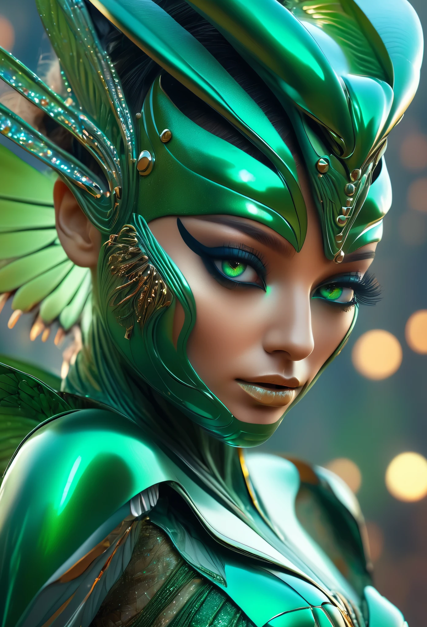 (mejor calidad,4k,8K,alta resolución,obra maestra:1.2),ultra detallado,(Fotorrealista,fotorrealista:1.37),Una hermosa hembra con ojos compuestos que parecen los ojos de una mantis religiosa.,futuristic,de alta tecnología,Piel de aspecto natural,ojos compuestos verde esmeralda,Exquisito,rasgos faciales detallados,ojos penetrantes,pestañas largas y ángulos agudos,estructura facial escultural,estilo de moda innovador,metálico,maquillaje brillante,delineador de ojos brillante,joyería futurista adornada,tocado elaborado,feathers and metálico elements,fondo etéreo con partículas holográficas flotantes,iluminación controlada con reflejos suaves,Esquema de color verde azulado,atmósfera de otro mundo.