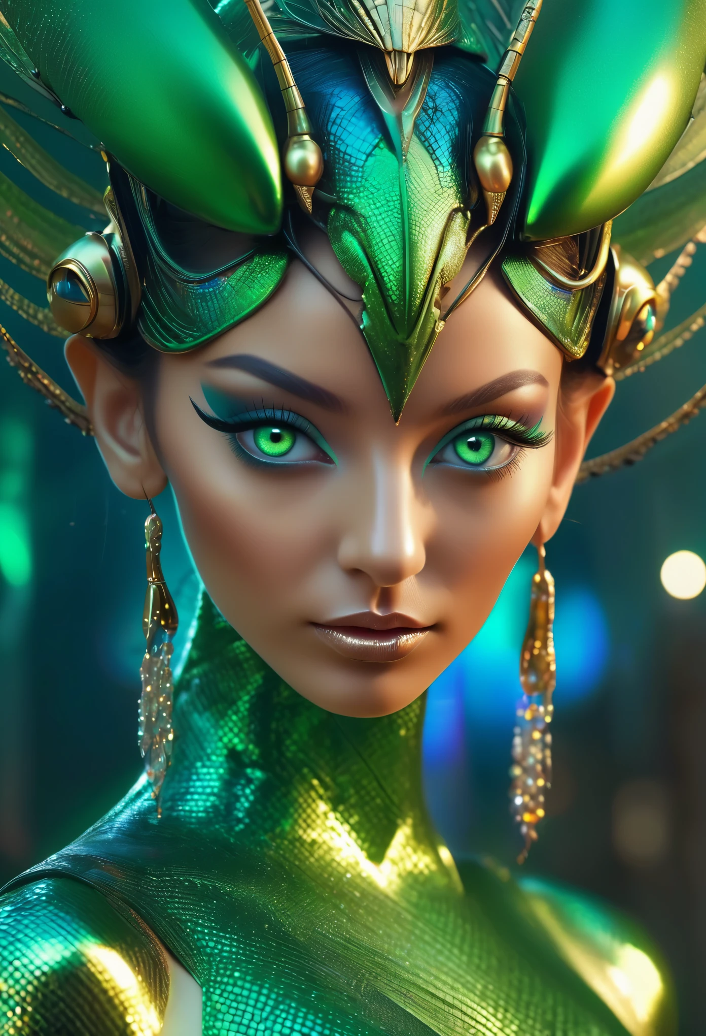 (best quality,4k,8k,highres,masterpiece:1.2),ultra-detailed,(photorealistic,photo-realistic:1.37),A beautiful female with compound eyes that look like the eyes of a praying mantis,futuristic,hi-tech,natural-looking skin,emerald-green compound eyes,exquisite,detailed face features,piercing eyes,long eyelashes and sharp angles,sculptural facial structure,innovative fashion style,metallic,shimmering make-up,glowing eyeliner,ornate futuristic jewelry,elaborate headpiece,feathers and metallic elements,ethereal background with floating holographic particles,controlled lighting with soft highlights,bluish-green color scheme,otherworldly atmosphere.