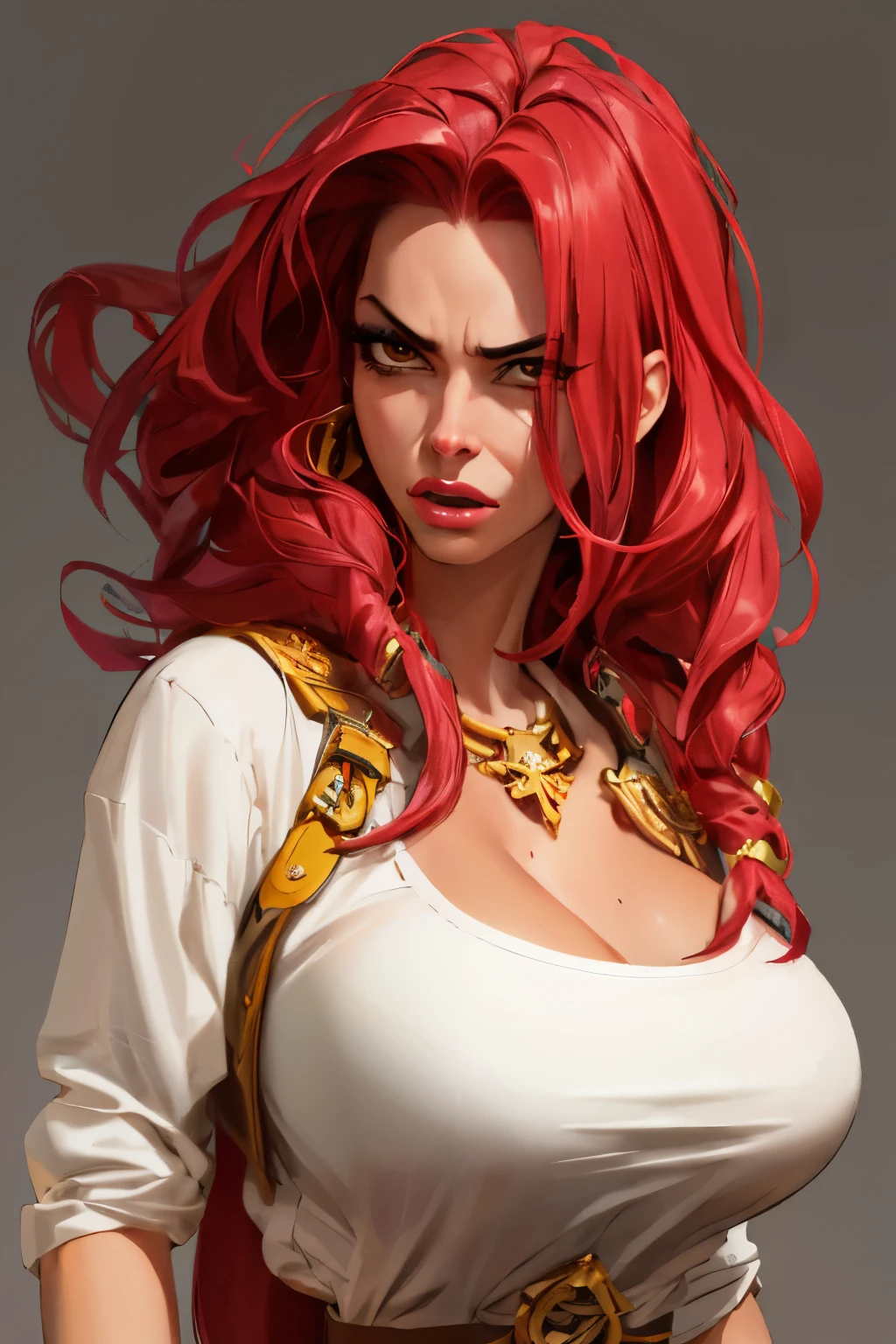 Girl with wavy red hair and rebellious, ((hair slicked back)), (angry eyes), ((dark circles around eyes)), golden eyes and tanned skin, ancient roman pirate style clothes, (gigantic breasts), background with clouds, realistic manhwa style.