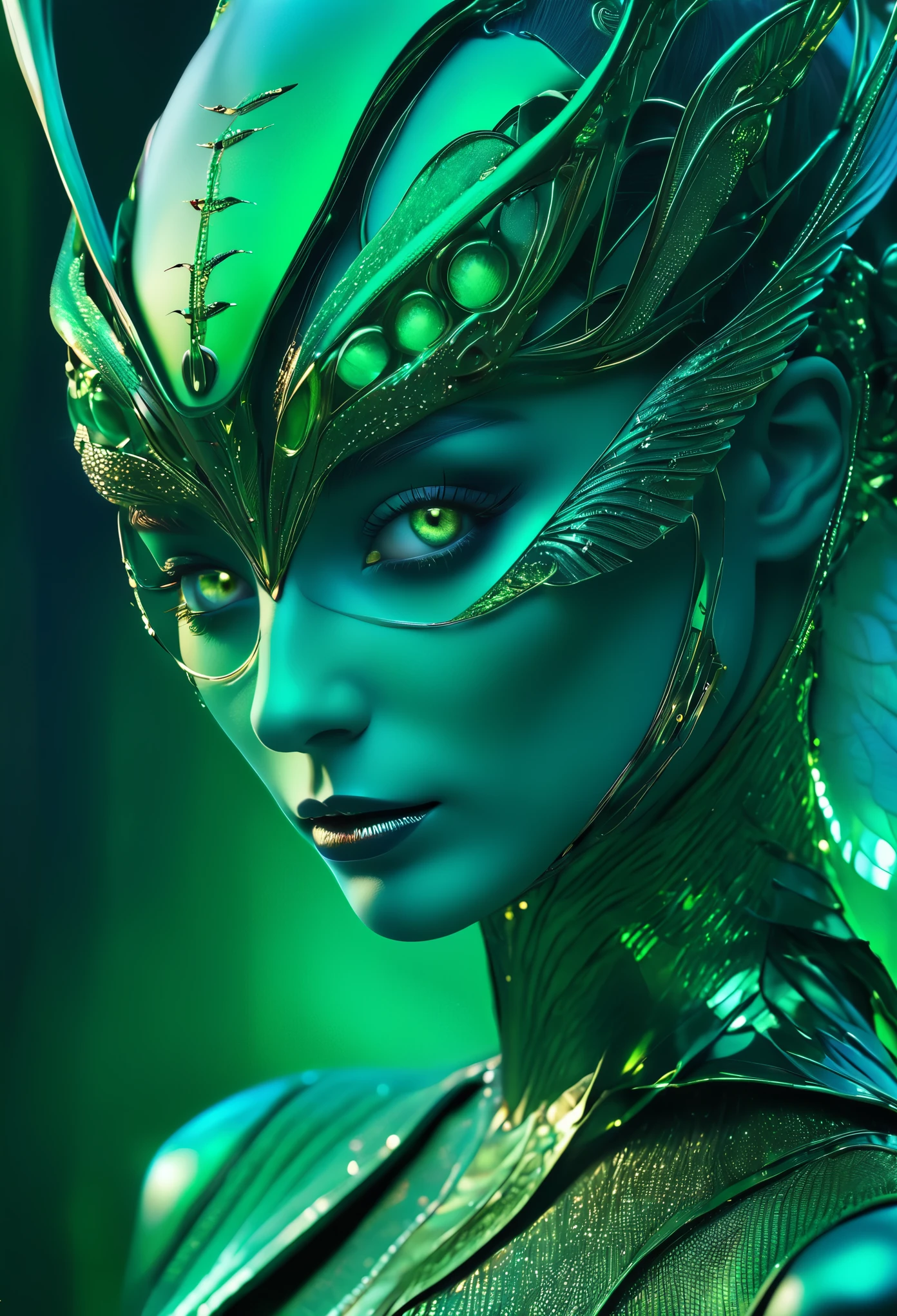 (best quality,4k,8k,highres,masterpiece:1.2),ultra-detailed,(photorealistic,photo-realistic:1.37),A female phantom with compound eyes that look like the eyes of a praying mantis,futuristic,hi-tech,natural-looking skin,emerald-green compound eyes,exquisite,detailed face features,piercing eyes,long eyelashes and sharp angles,sculptural facial structure,innovative fashion style,metallic,shimmering make-up,glowing eyeliner,ornate futuristic jewelry,elaborate headpiece,feathers and metallic elements,ethereal background with floating holographic particles,controlled lighting with soft highlights,bluish-green color scheme,otherworldly atmosphere.