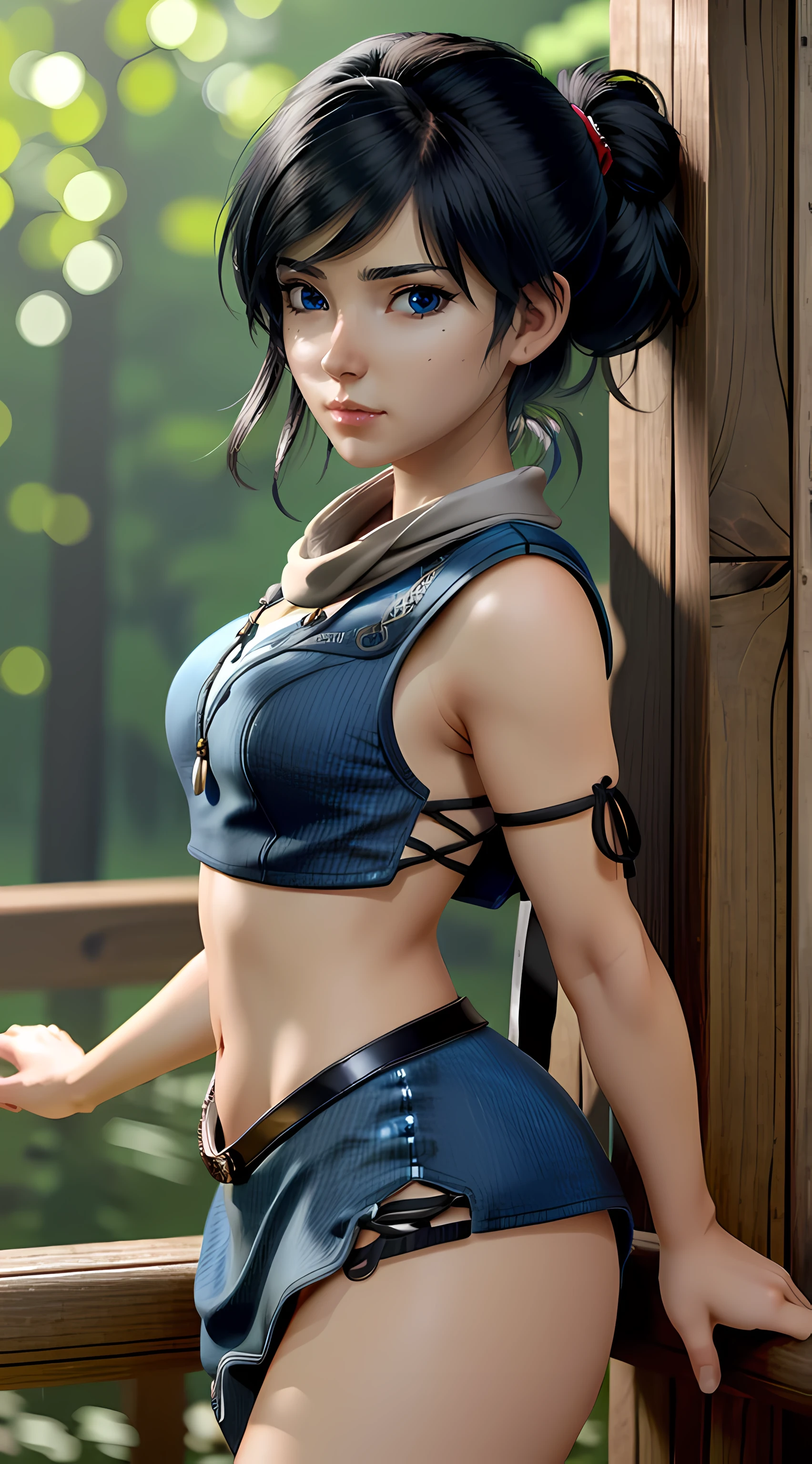 ( masterpiece, best quality, highres:1.3)
 KenaBridgeofSpirits, 1girl, black hair, blue eyes, cowboy shot, red lingerie