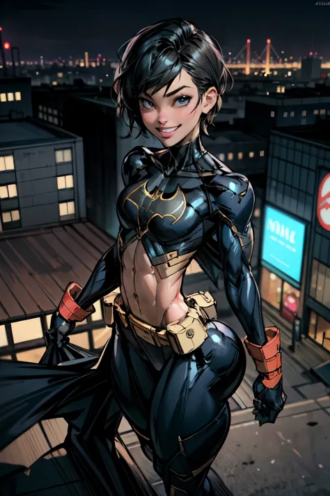 (masterpiece, best quality),1girl, solo, cassandra cain, batgirl suit, black hair, brown eyes, smile,
akihabara city, of the dea...