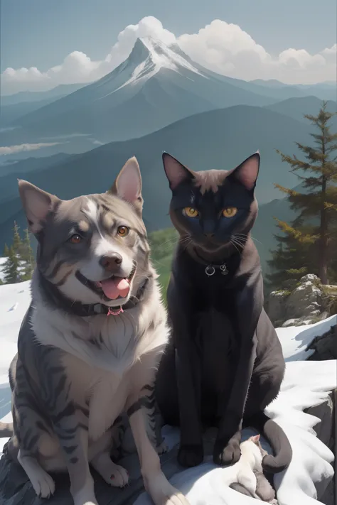 cat and dog on top of the mountain
