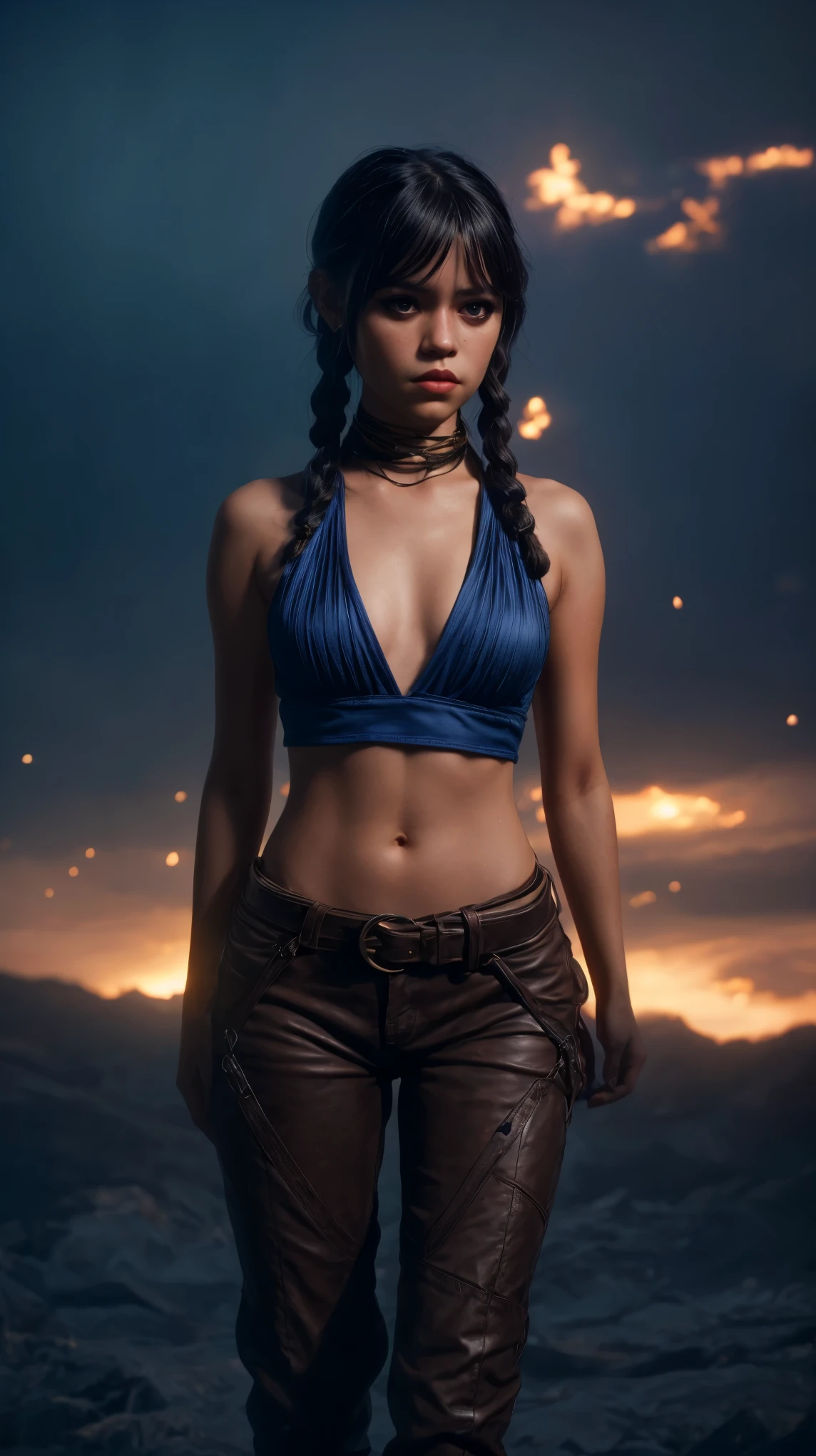 jenna ortega, jortega:1.5,trisha:15, Jinx's character design, Dynamic movements, bare breast, covers the chest with his hands, Swollen ,  butt, kitty, sexypose, Beautiful figure, Arcane's Jinx, Bright blue and purple sparks all around, glowing eyes, Pink glowing eyes, hairlong, hairsh, braided into long braids, Pigtails hang below the knee, Hair color changes from bright blue to navy blue, Dressed in brown breeches, Leather boots on the feet, Top with four gold circles on the chest in the middle of the chest, Blue cloud tattoos on shoulders and waist, Long bangs, hanging on the right side, Belt with cartridges on the belt, Arcane style, extremely detailed CG unity 8k wallpaper, detailed light, Cinematic lighting, chromatic aberration, glittering, expressionless, epic composition, dark in the background, Cherecter Desing, Very detailed, Detailed body, Vibrants, Detailed Face, sharp-focus, anime art, Vibrants, Detailed Face, Hugh Details, sharp-focus, Very drooping face, A detailed eye, super fine illustration, better shadow, finely detail, Beautiful detailed glow, Beautiful detailed, Extremely detailed, expressionless, epic composition,